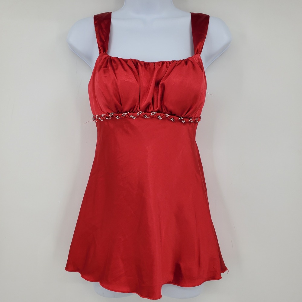 Iz Byer Y2K Red Satin Babydoll Cami Top Shirt Silver Chain Small Coquette Goth